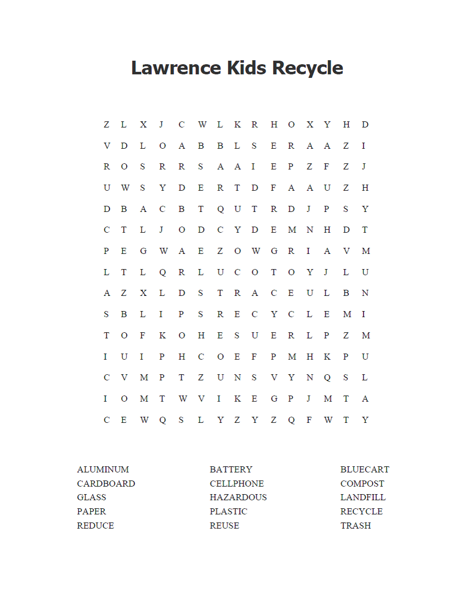 Lawrence Kids Recycle Word Search